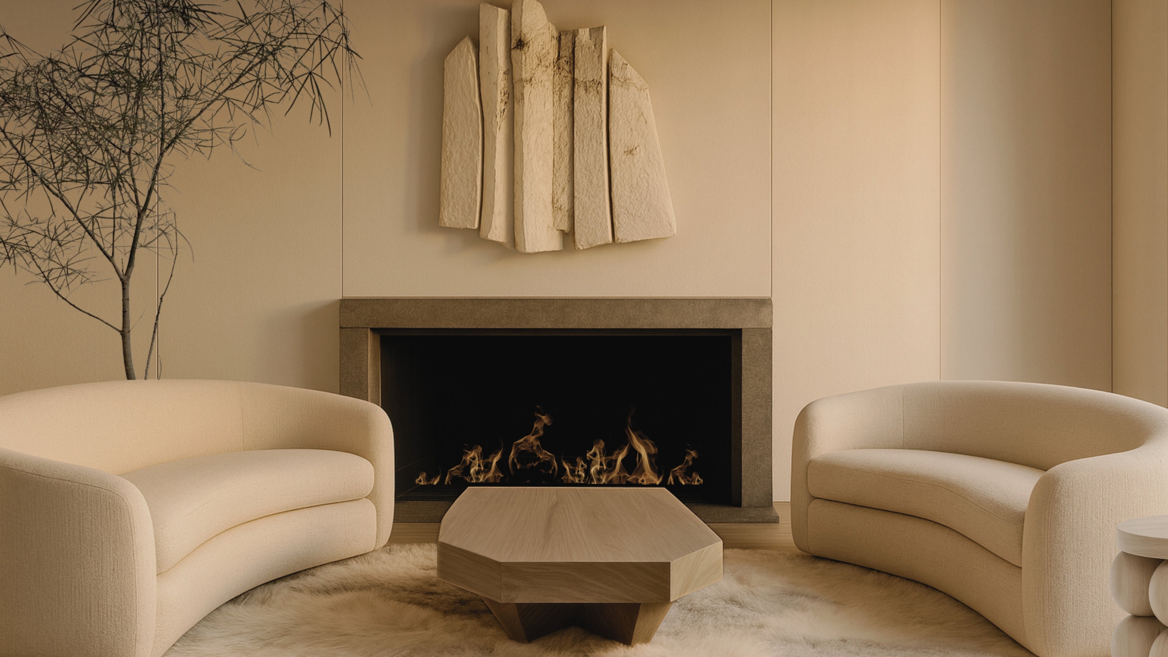 Cream sofas curved towards each other in a designer living room. Huge fireplace, wood coffee table and modern art 