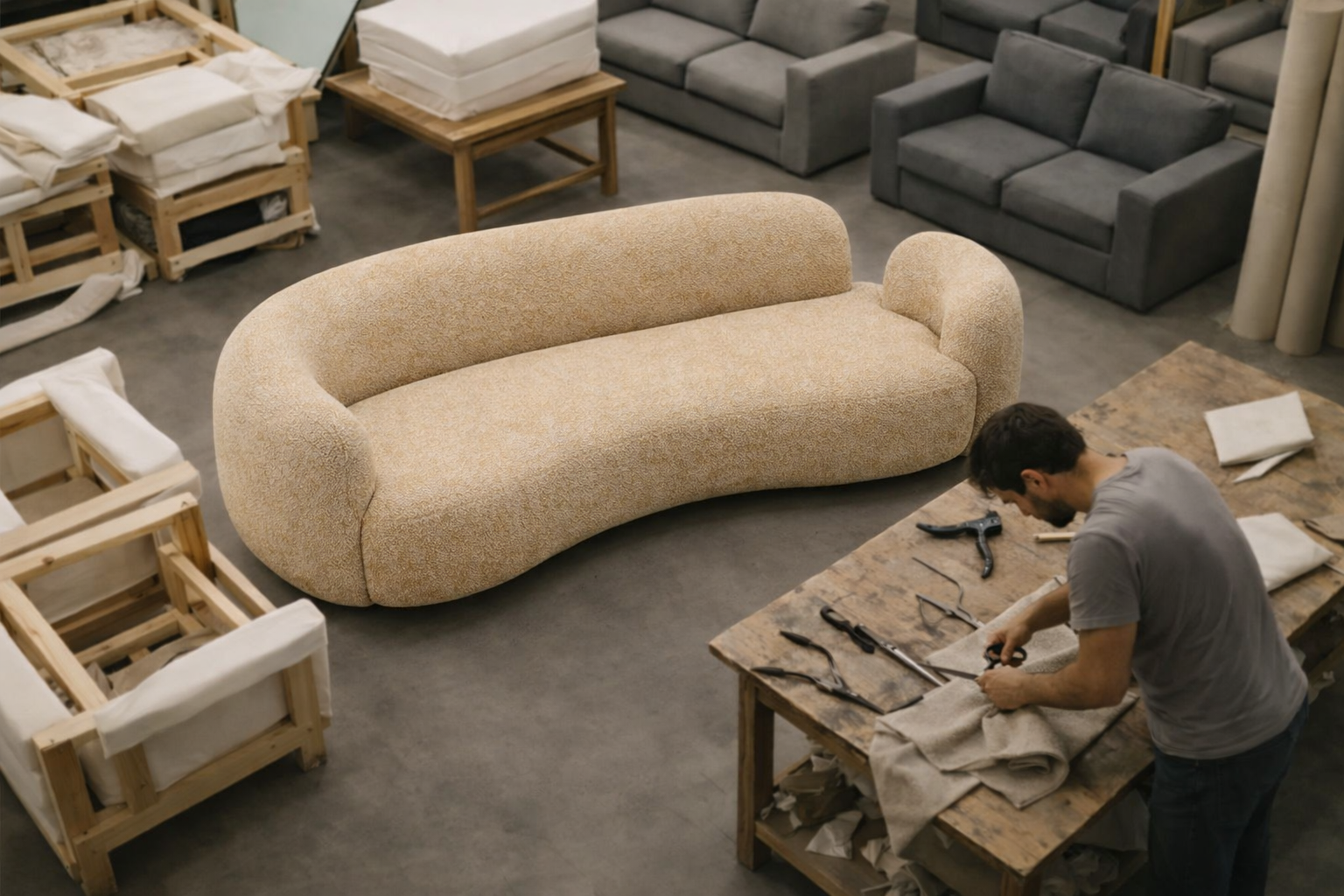 Curved sofa in a warehouse being built 